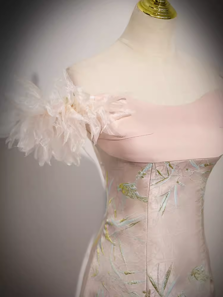 Robe de bal longue en satin rose, ligne A, sexy, sans bretelles, B184