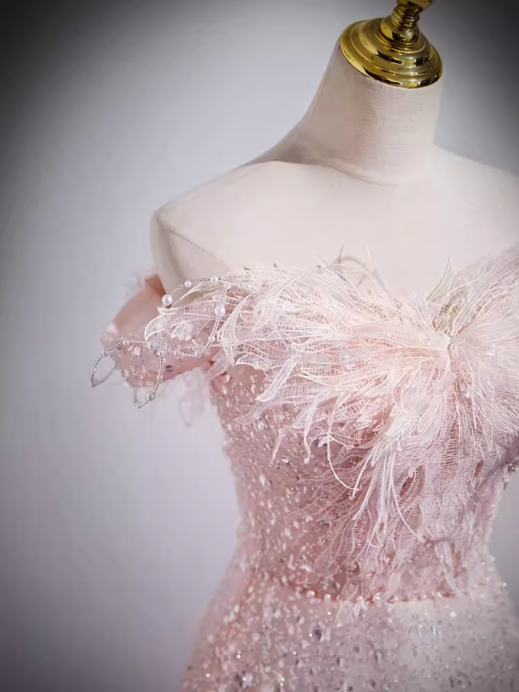 Sparkly A Line Off The Shoulder Pink Long Prom Dress B185