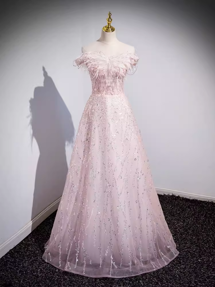 Sparkly A Line Off The Shoulder Pink Long Prom Dress B185
