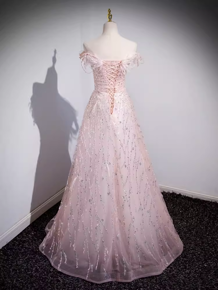Sparkly A Line Off The Shoulder Pink Long Prom Dress B185