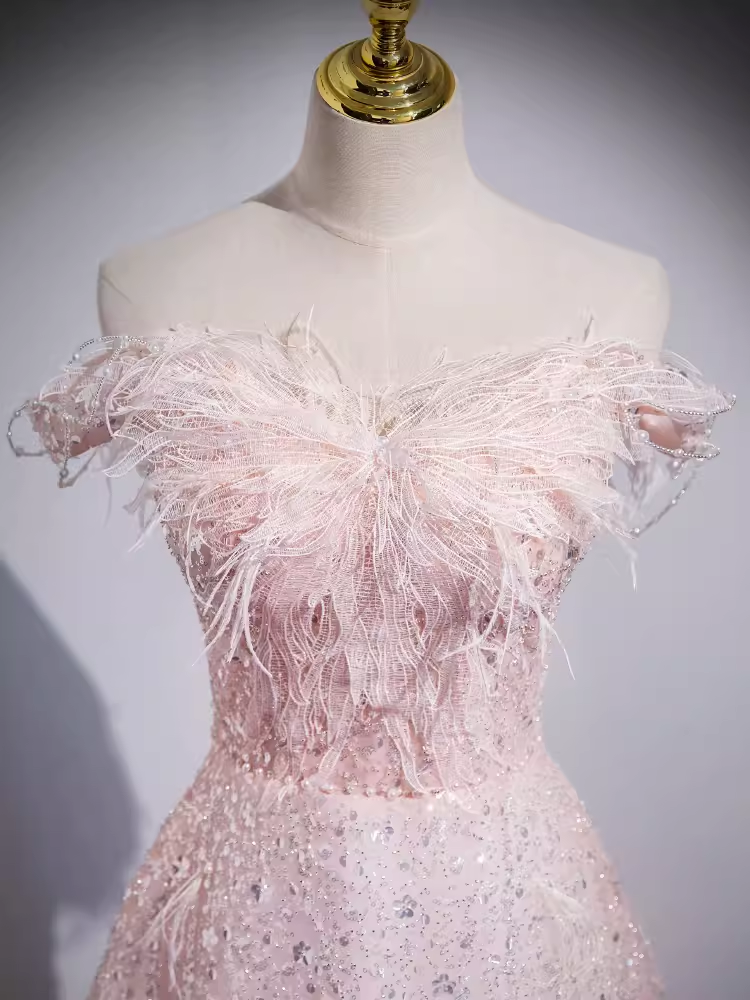 Sparkly A Line Off The Shoulder Pink Long Prom Dress B185