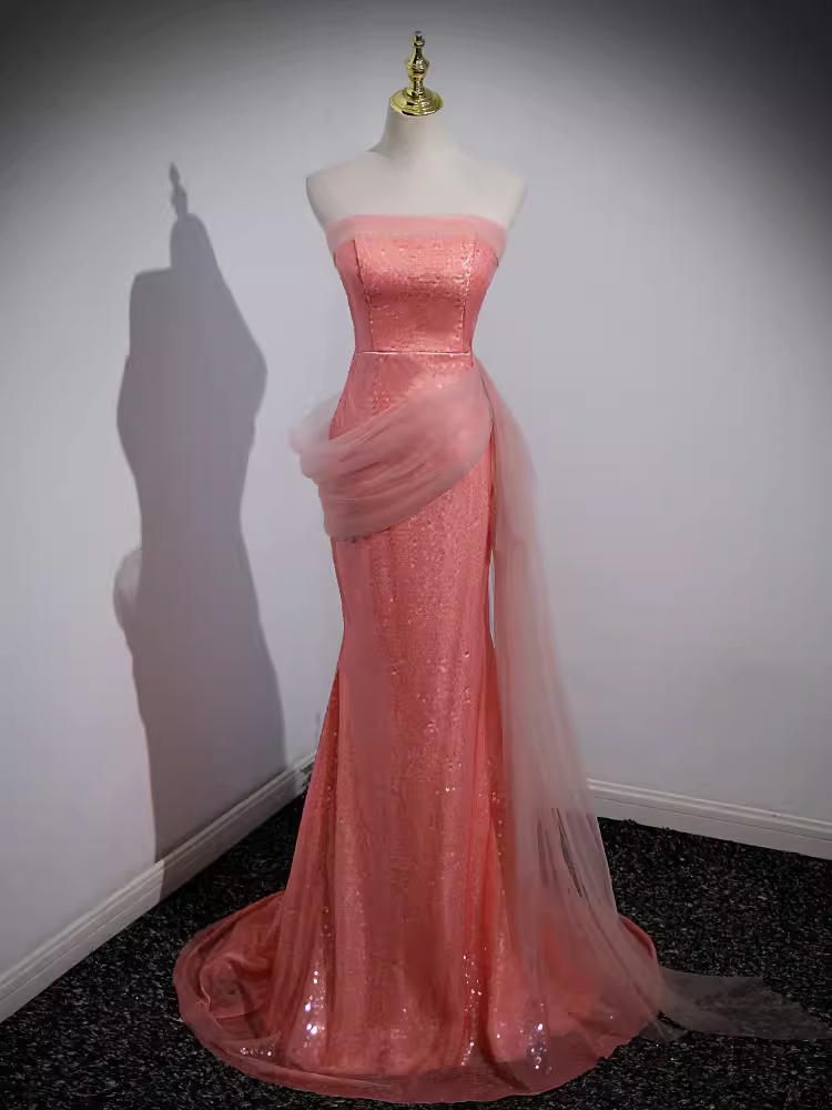 Robe de bal longue rose sans bretelles sirène scintillante B186