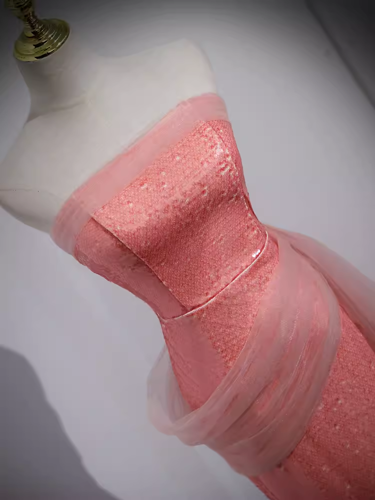 Robe de bal longue rose sans bretelles sirène scintillante B186
