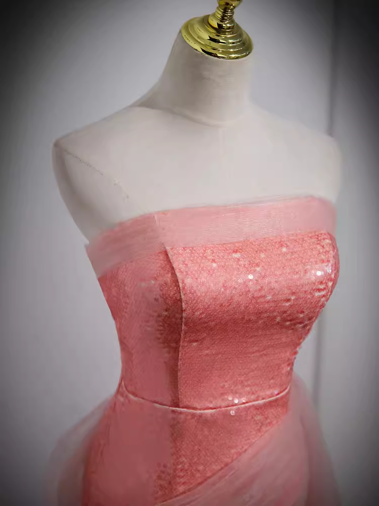 Robe de bal longue rose sans bretelles sirène scintillante B186