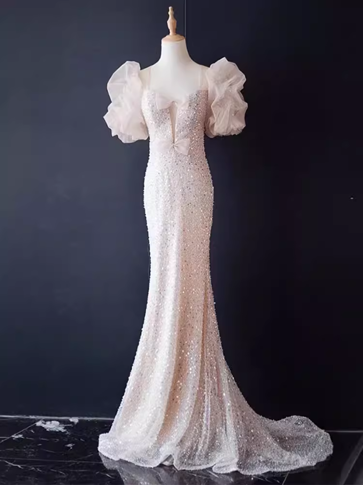 Robe de bal longue rose clair sirène scintillante B187