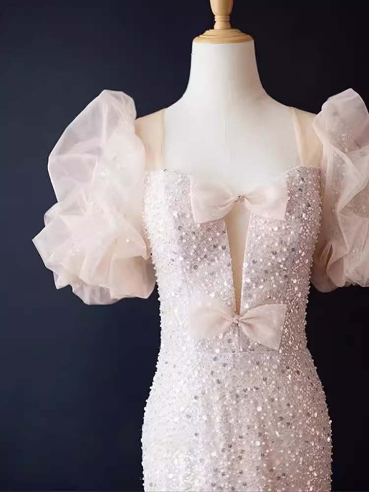 Robe de bal longue rose clair sirène scintillante B187