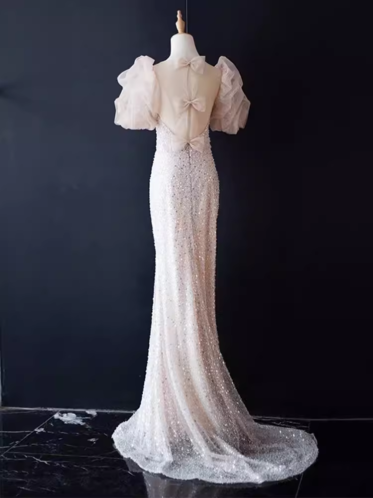 Robe de bal longue rose clair sirène scintillante B187