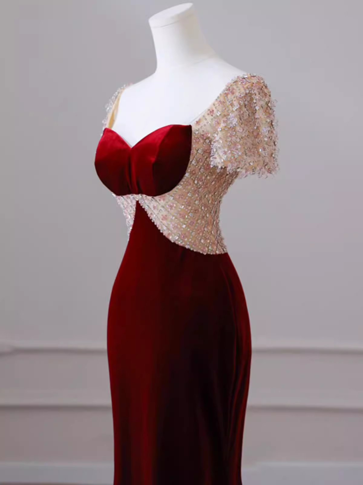 Mermaid Short Sleeves Burgundy Long Prom Dress B190