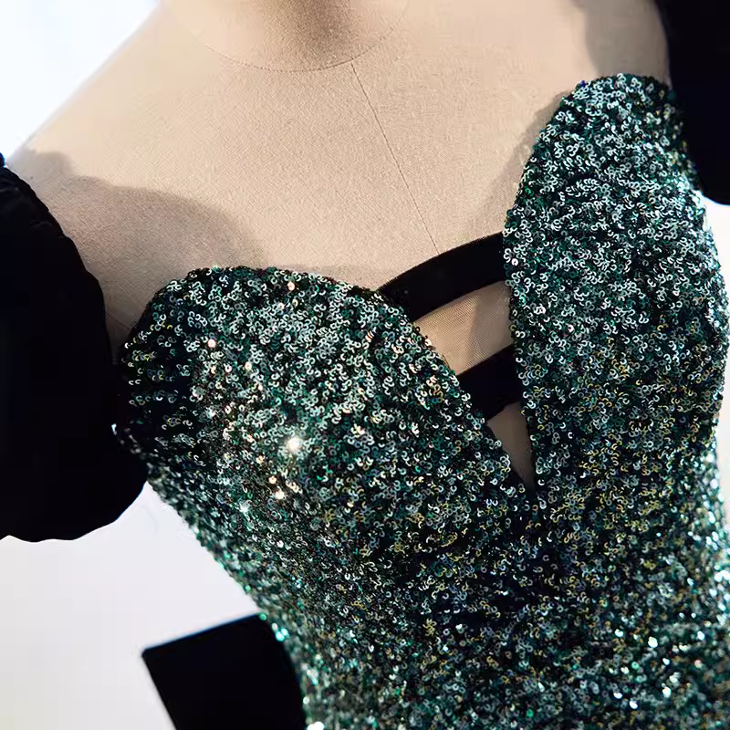 Mermaid Short Sleeves Green Sequin Long Prom Dress B191