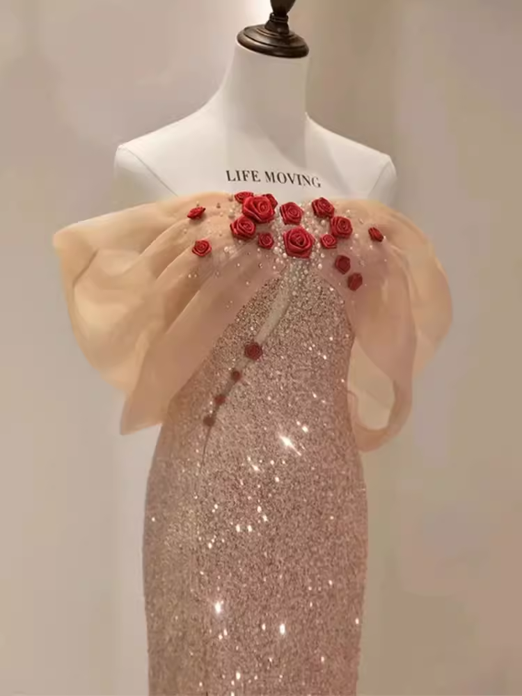 Mermaid Off The Shoulder Short Sleeves Sequin Long Prom Dress B192