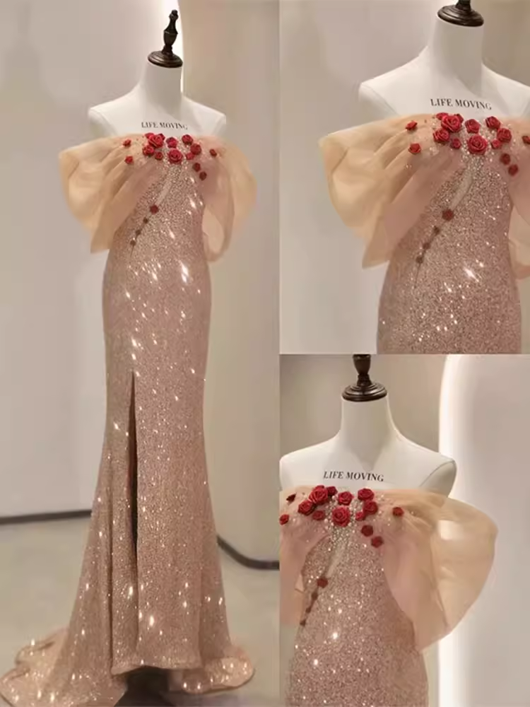 Mermaid Off The Shoulder Short Sleeves Sequin Long Prom Dress B192