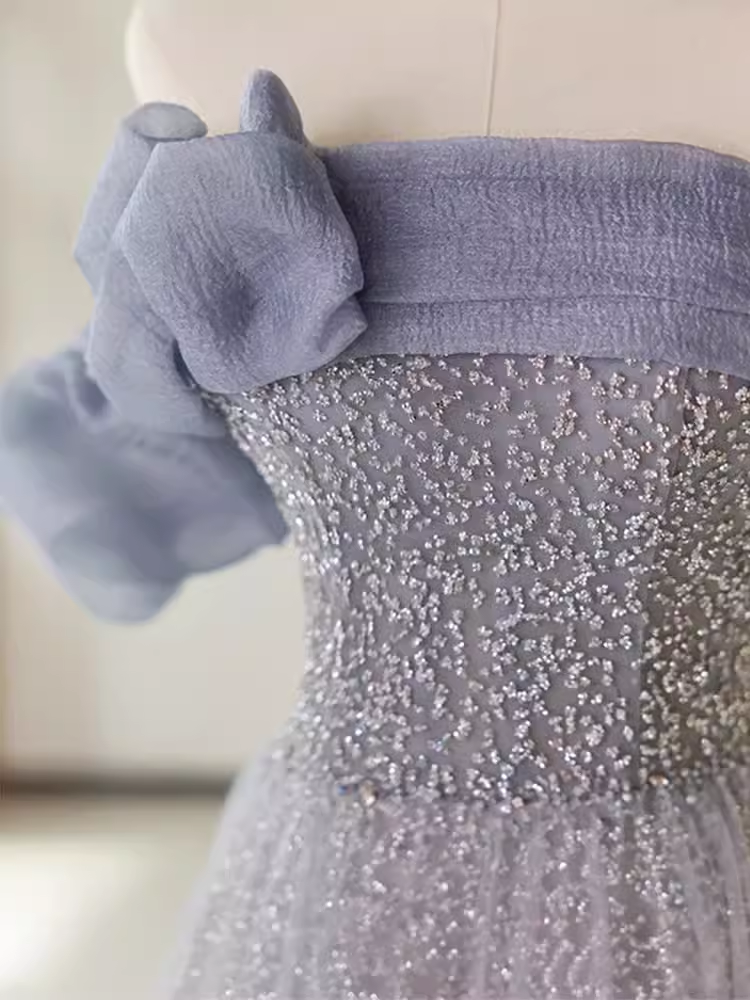 Simple A line Strapless Short Sleeves Tulle Long Prom Dress B194