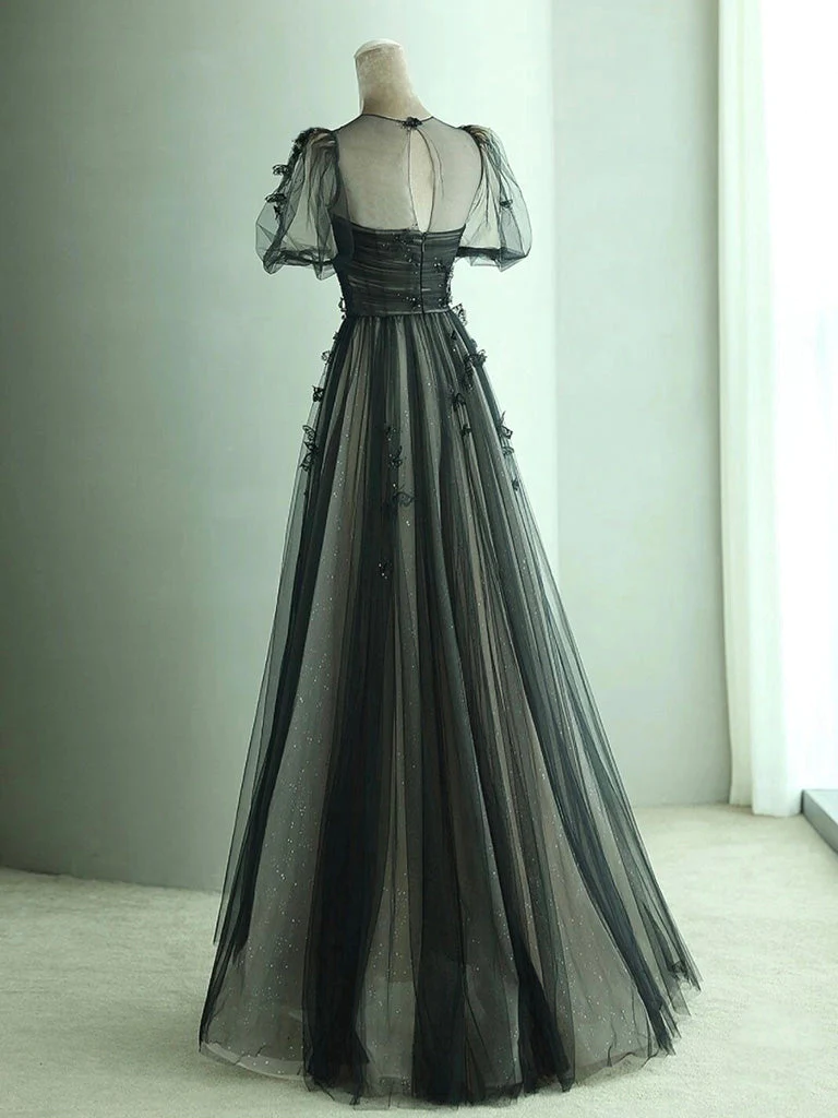 Robe de bal longue noire trapèze en tulle papillon B203