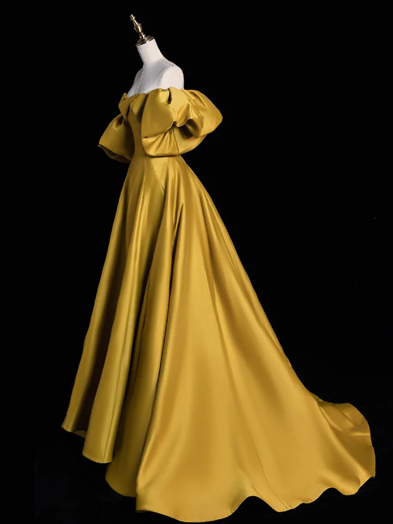 Robe de bal longue en satin jaune simple ligne a B205