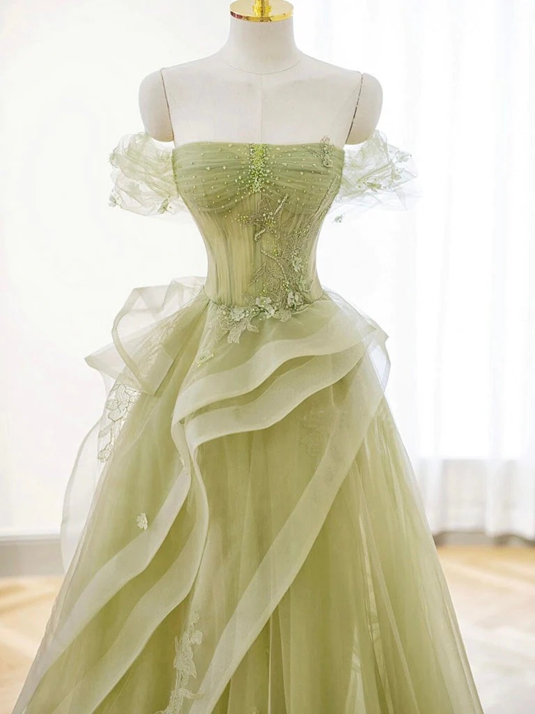 A-Line Off Shoulder Tulle Lace Green Long Prom Dress B209