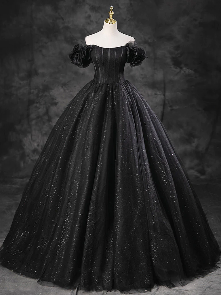 Ball Gown Off Shoulder Tulle Black Long Sweet 16 Dress B211