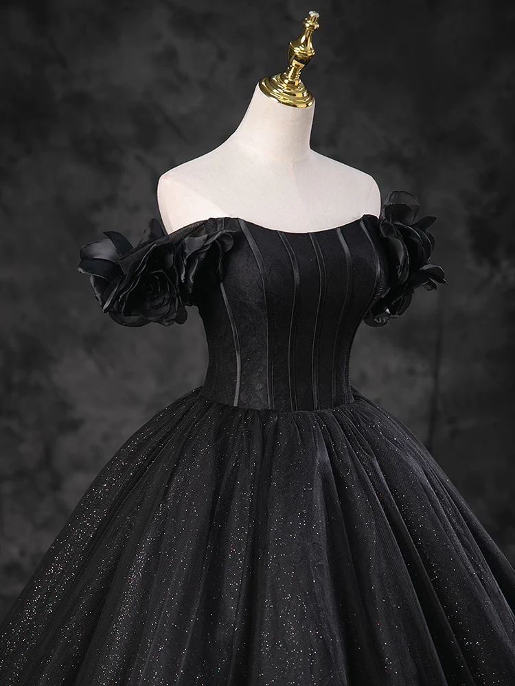 Ball Gown Off Shoulder Tulle Black Long Sweet 16 Dress B211