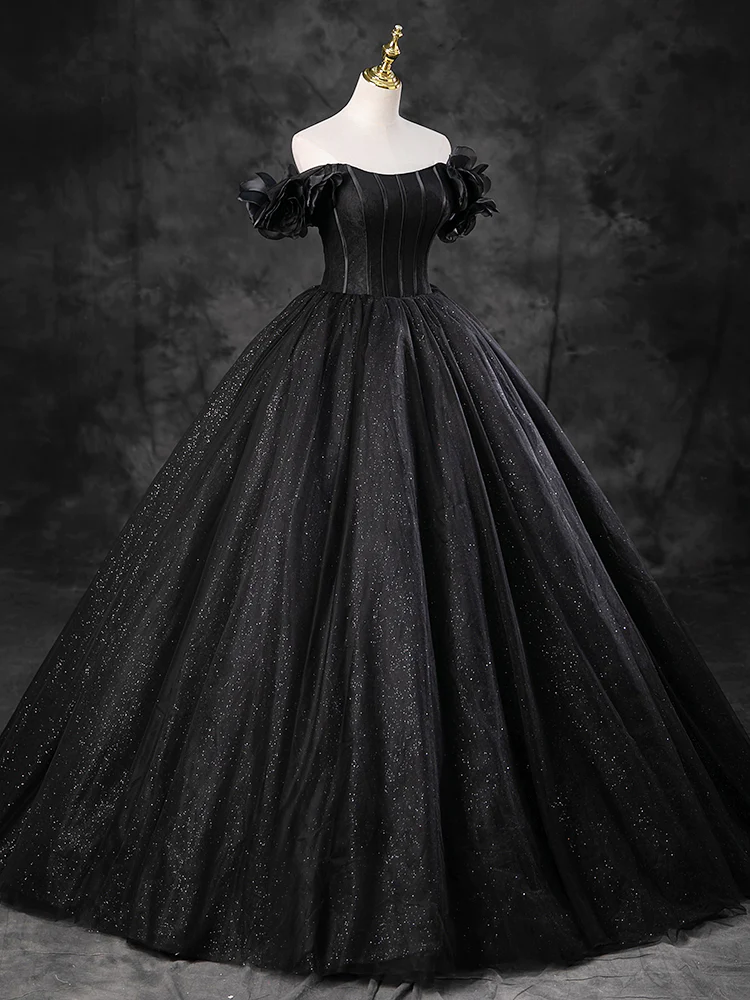 Ball Gown Off Shoulder Tulle Black Long Sweet 16 Dress B211