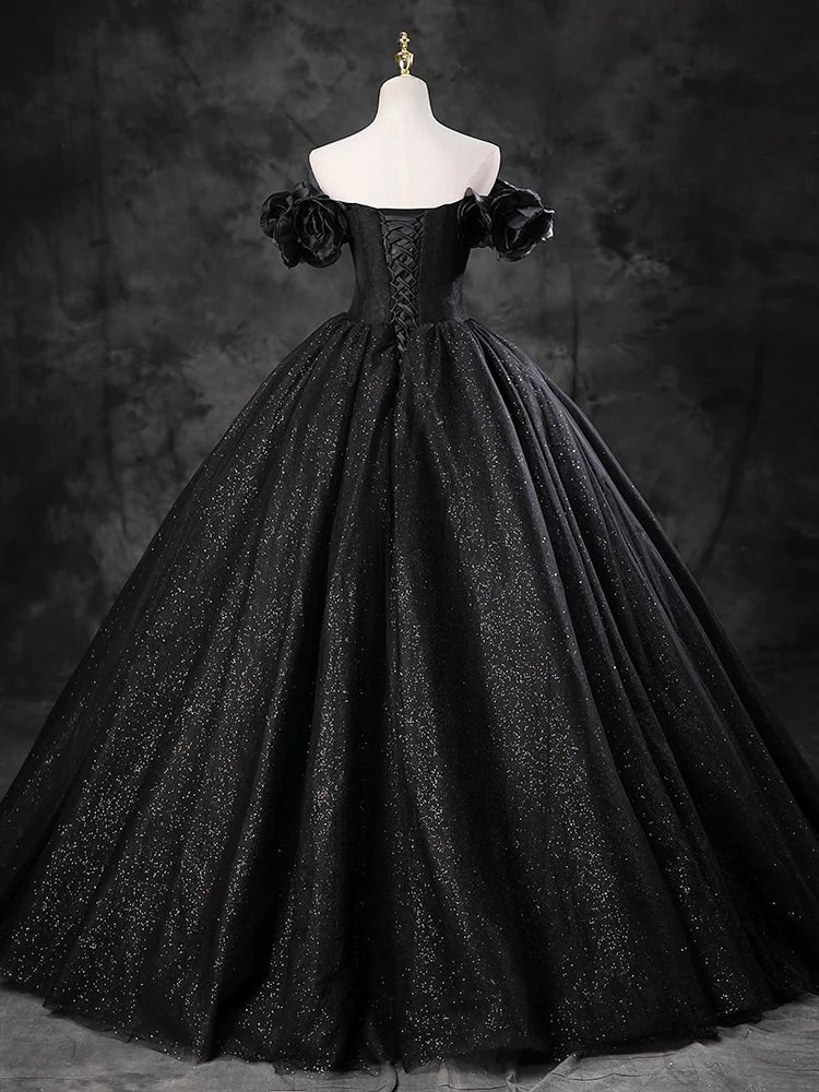 Ball Gown Off Shoulder Tulle Black Long Sweet 16 Dress B211