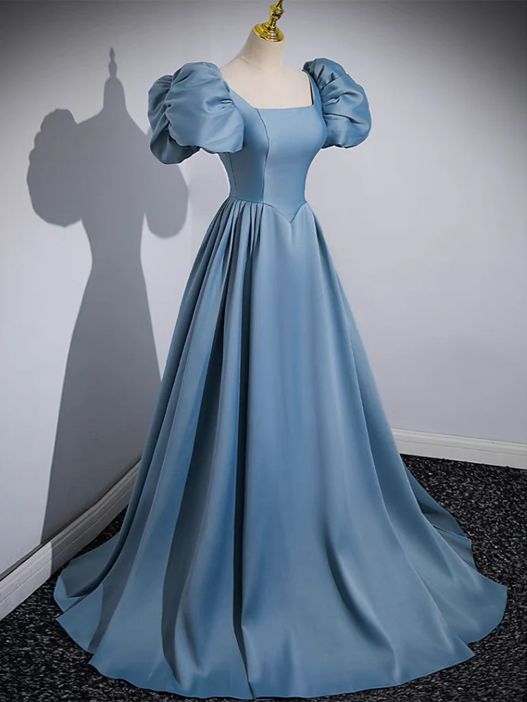 Simple A-Line Satin Blue Long Prom Dress B215