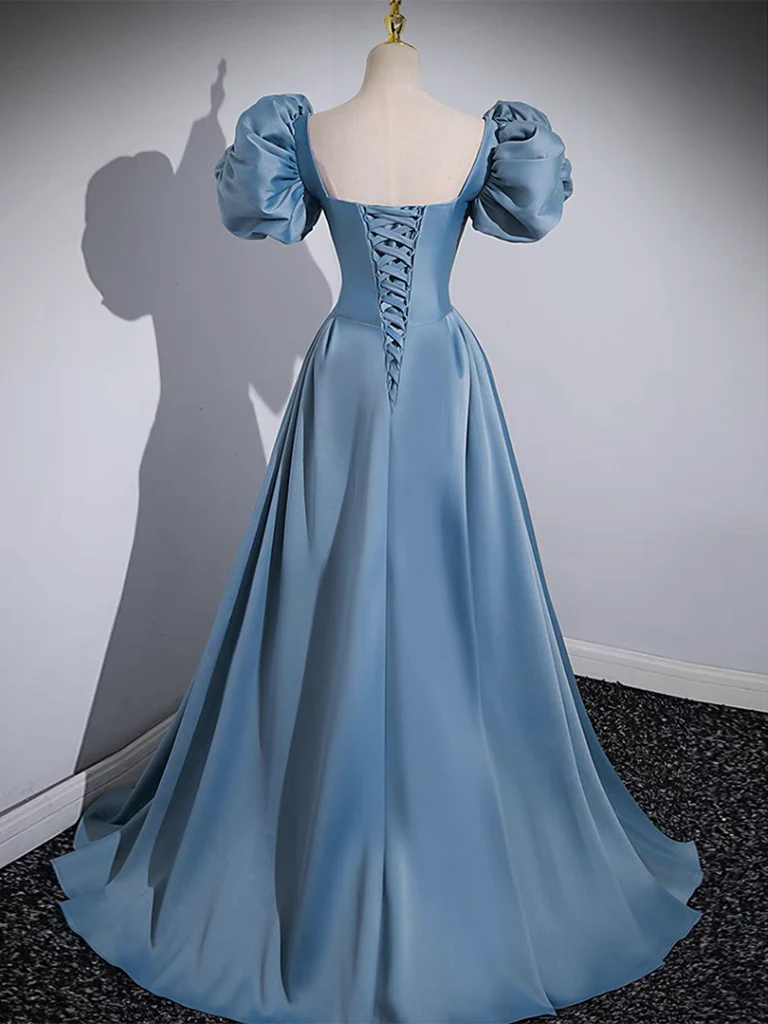 Simple A-Line Satin Blue Long Prom Dress B215