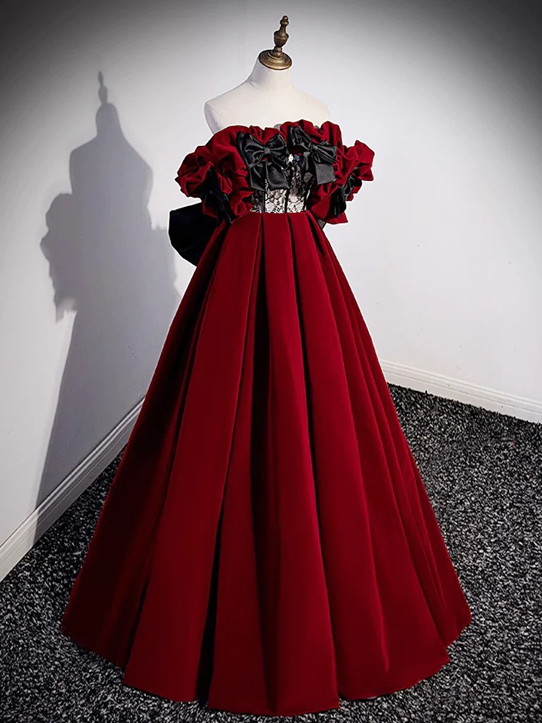 Robe de bal longue en dentelle et velours, ligne a, épaules dénudées, bordeaux, B231