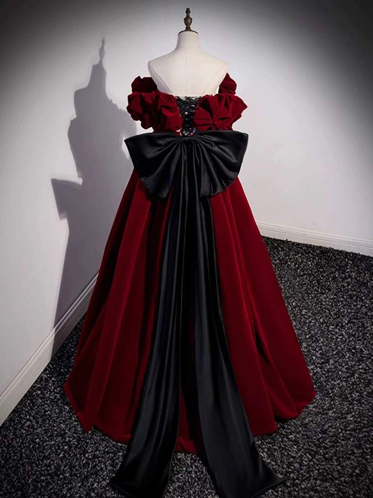 Robe de bal longue en dentelle et velours, ligne a, épaules dénudées, bordeaux, B231
