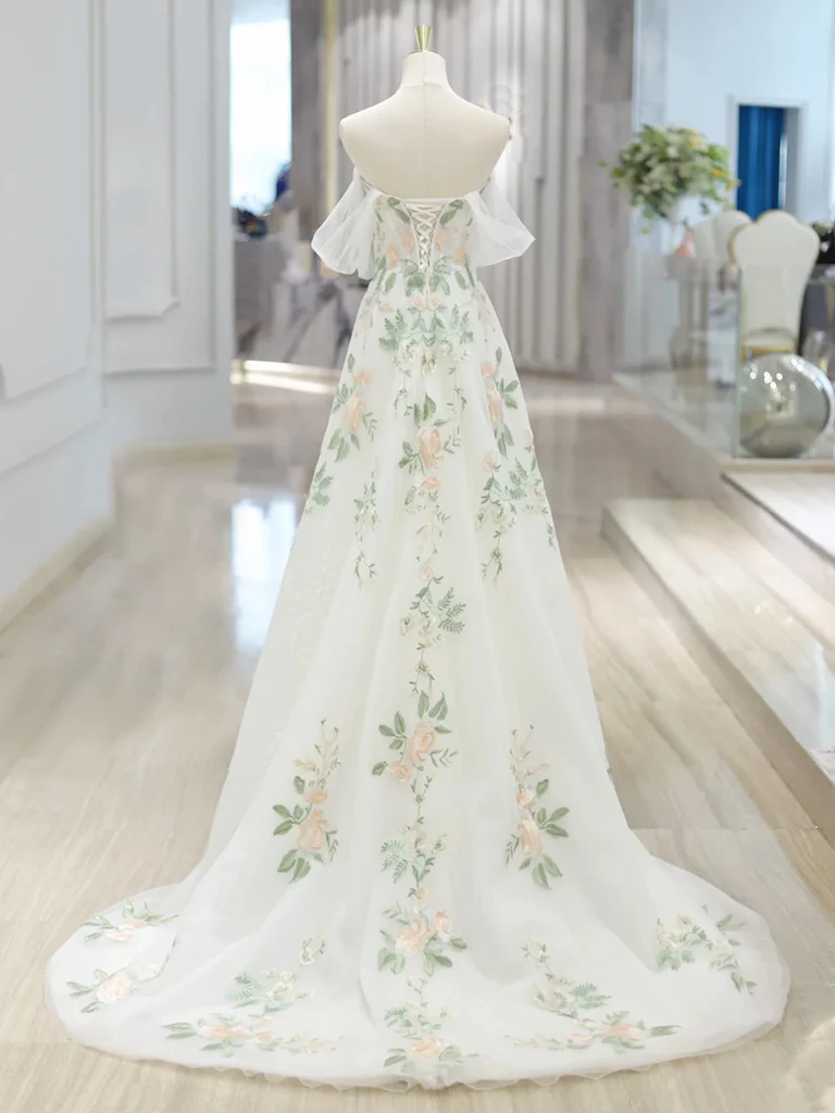 Robe de bal longue blanche en dentelle et tulle, ligne a, épaules dénudées, appliquées, B232