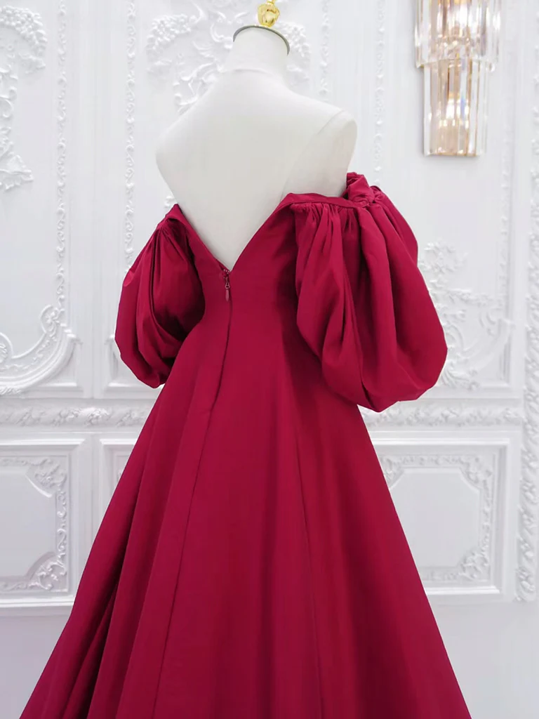A-Line Puff Sleeves Satin Dark Red Long Prom Dress B233