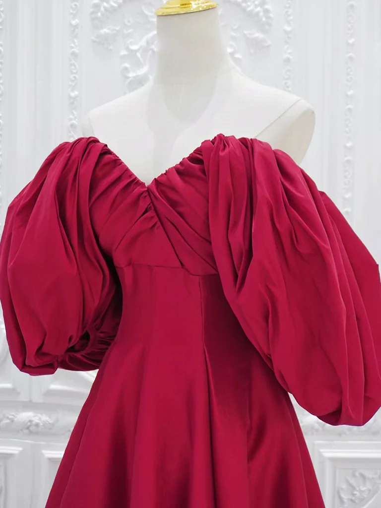 A-Line Puff Sleeves Satin Dark Red Long Prom Dress B233