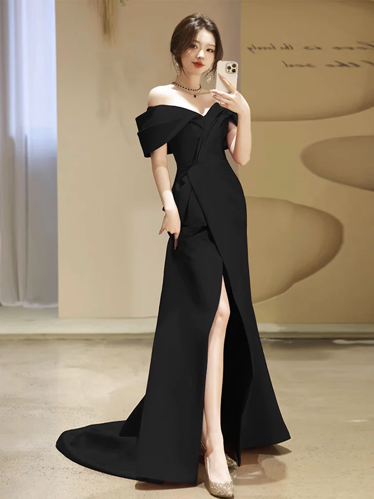 Simple Off Shoulder Satin Mermaid Black Long Prom Dress B235