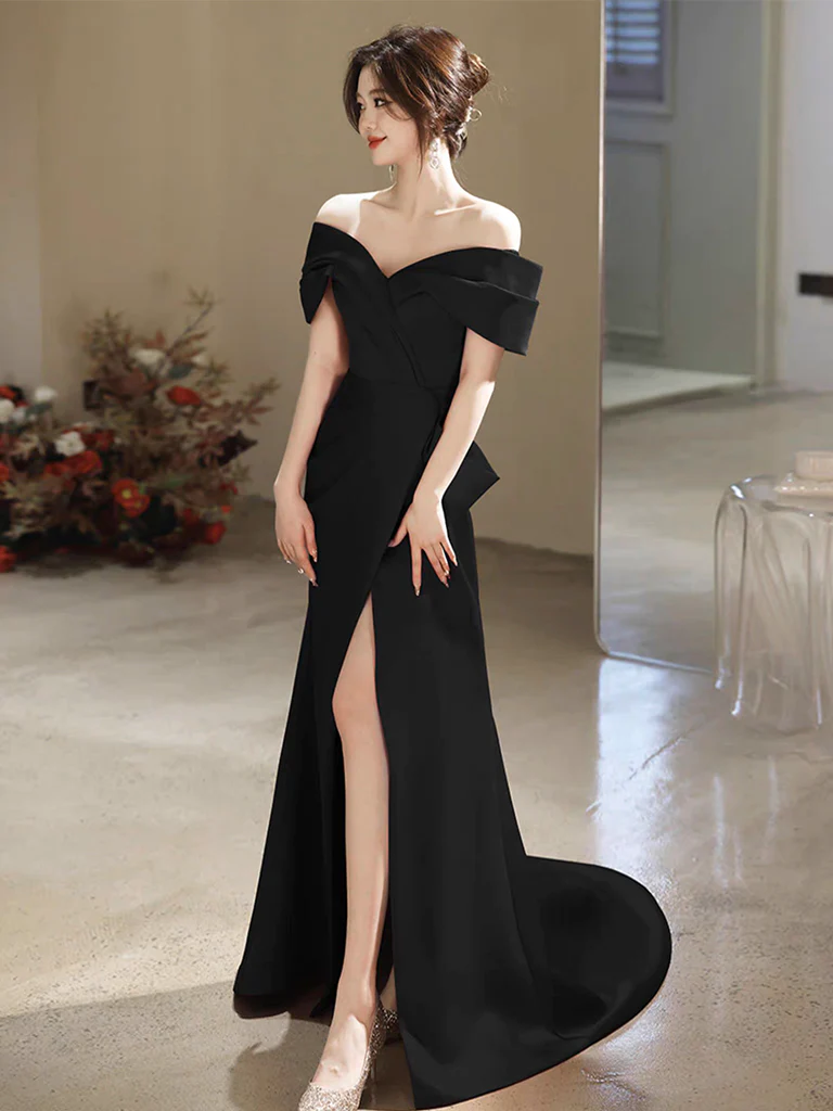 Simple Off Shoulder Satin Mermaid Black Long Prom Dress B235