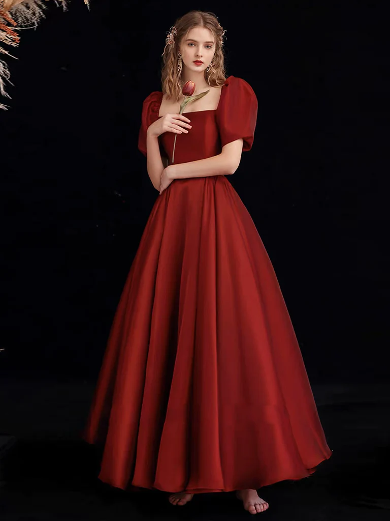 Robe de bal longue trapèze en organza bordeaux B238
