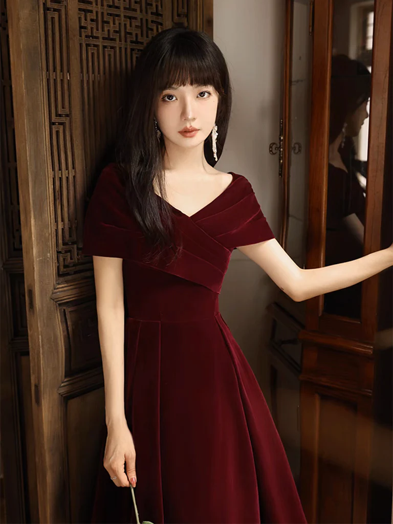 Simple V Neck Velvet Burgundy Long Prom Dress B239