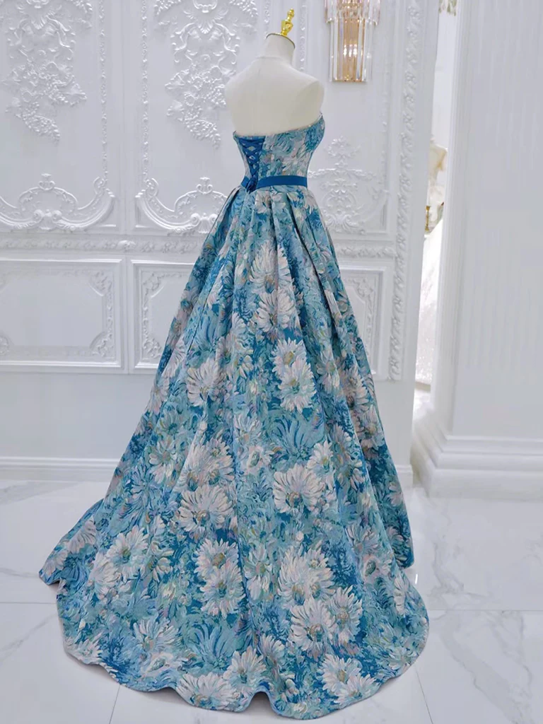 A-Line Flower Satin Blue Long Prom Dress B241