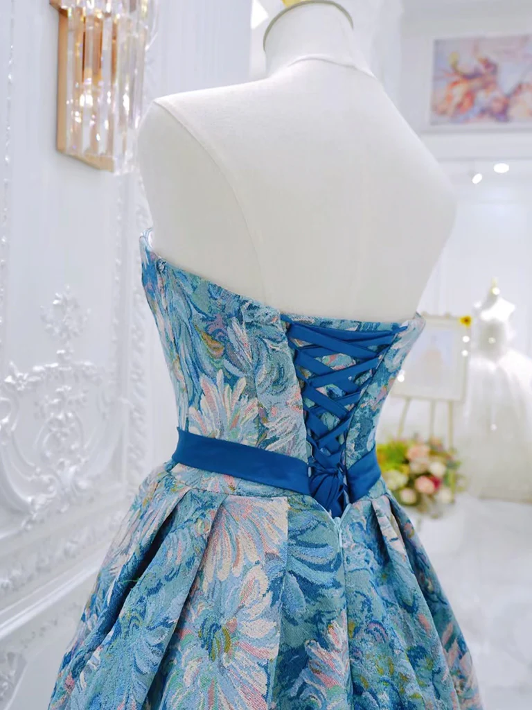 A-Line Flower Satin Blue Long Prom Dress B241
