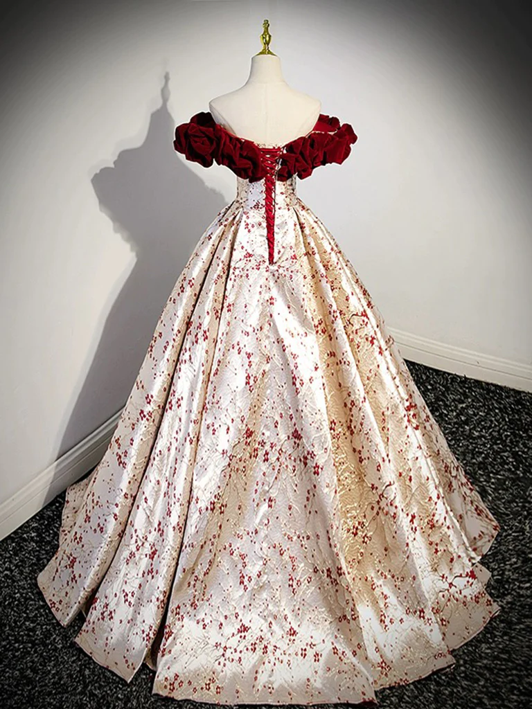 Robe de bal longue en satin champagne avec épaules dénudées et ligne a B242