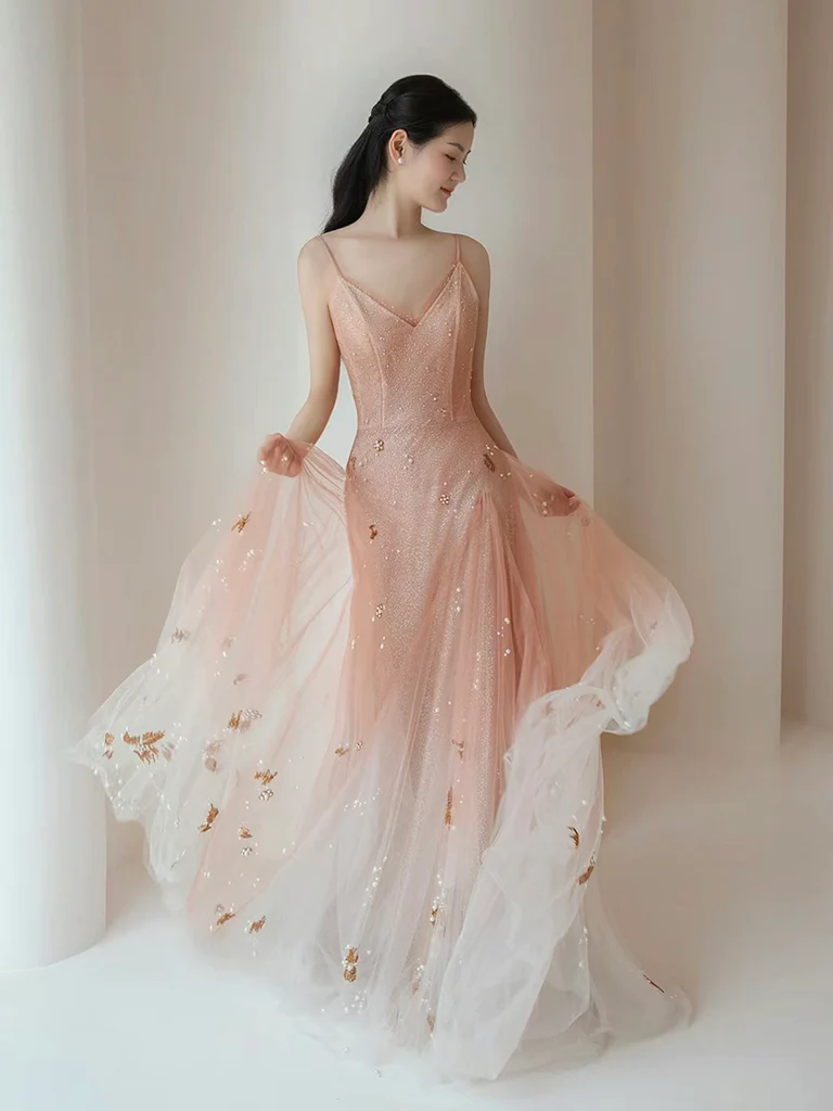 A-Line V Neck Tulle Pink Long Prom Dress B244