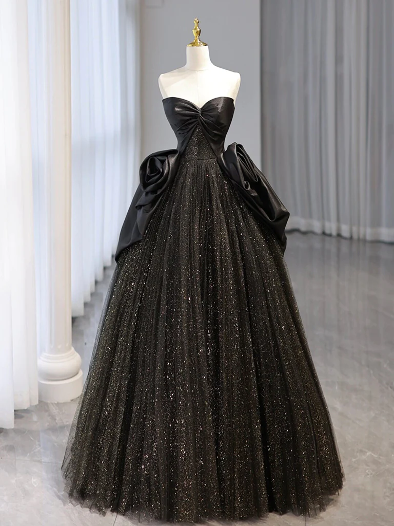 Black Sweetheart Neck Satin Tulle Long Prom Dress B246