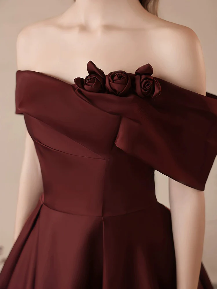 A-Line Off Shoulder Satin Burgundy Long Prom Dress B247