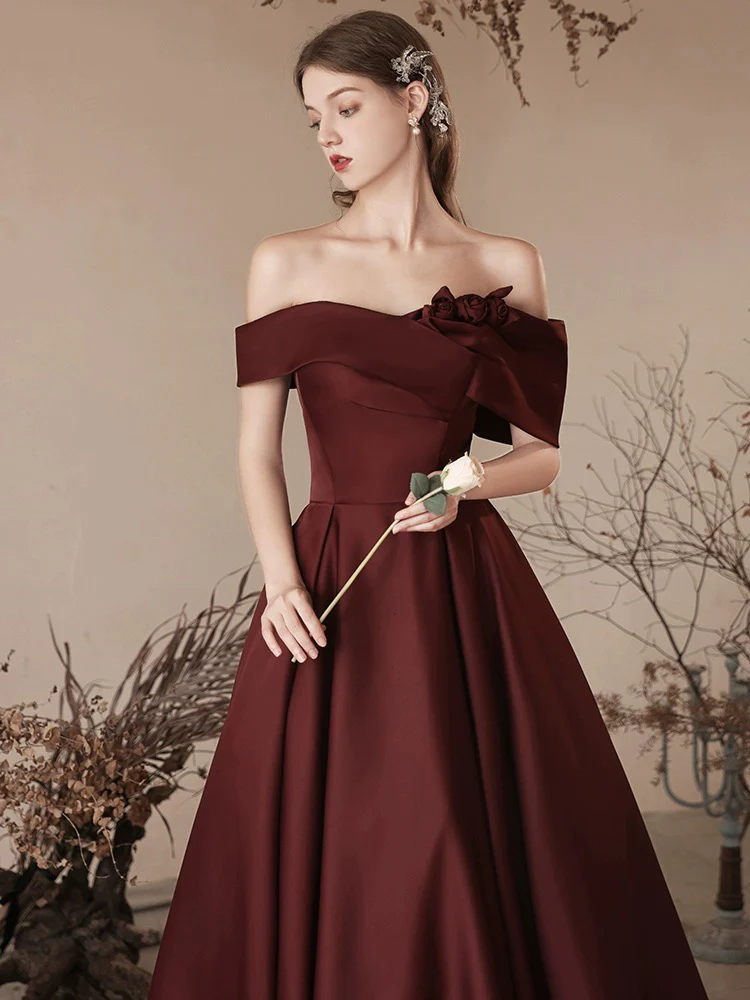 A-Line Off Shoulder Satin Burgundy Long Prom Dress B247