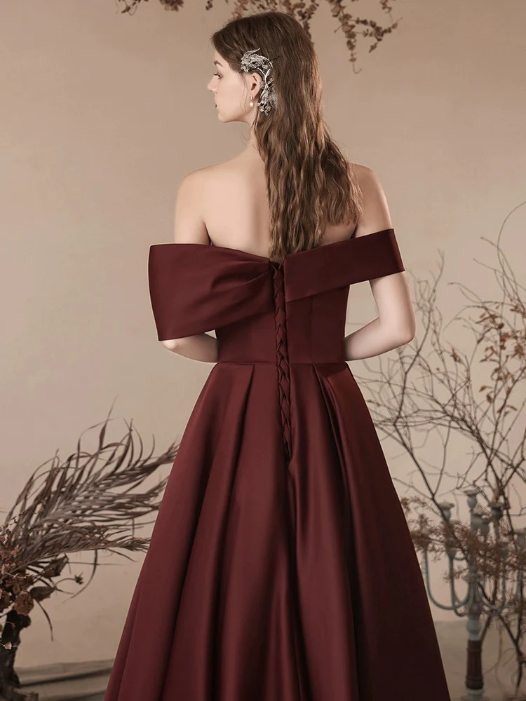 A-Line Off Shoulder Satin Burgundy Long Prom Dress B247