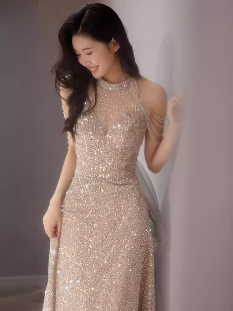 Sexy Mermaid Halter Sequin Champagne Long Prom Dress B418