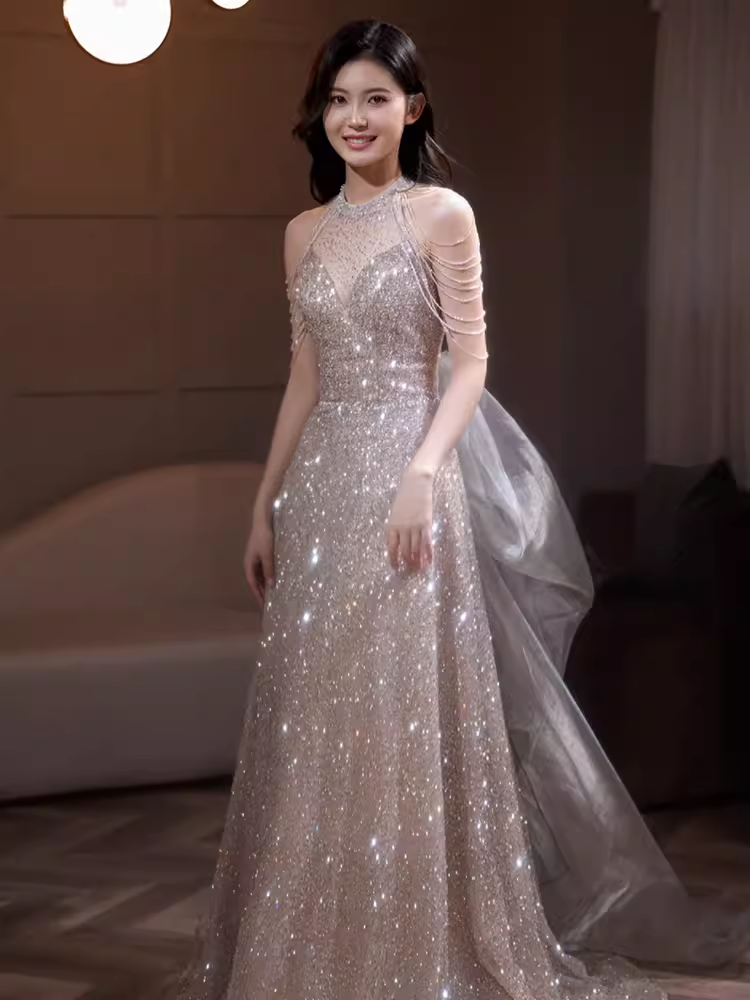 Sexy Mermaid Halter Sequin Champagne Long Prom Dress B418