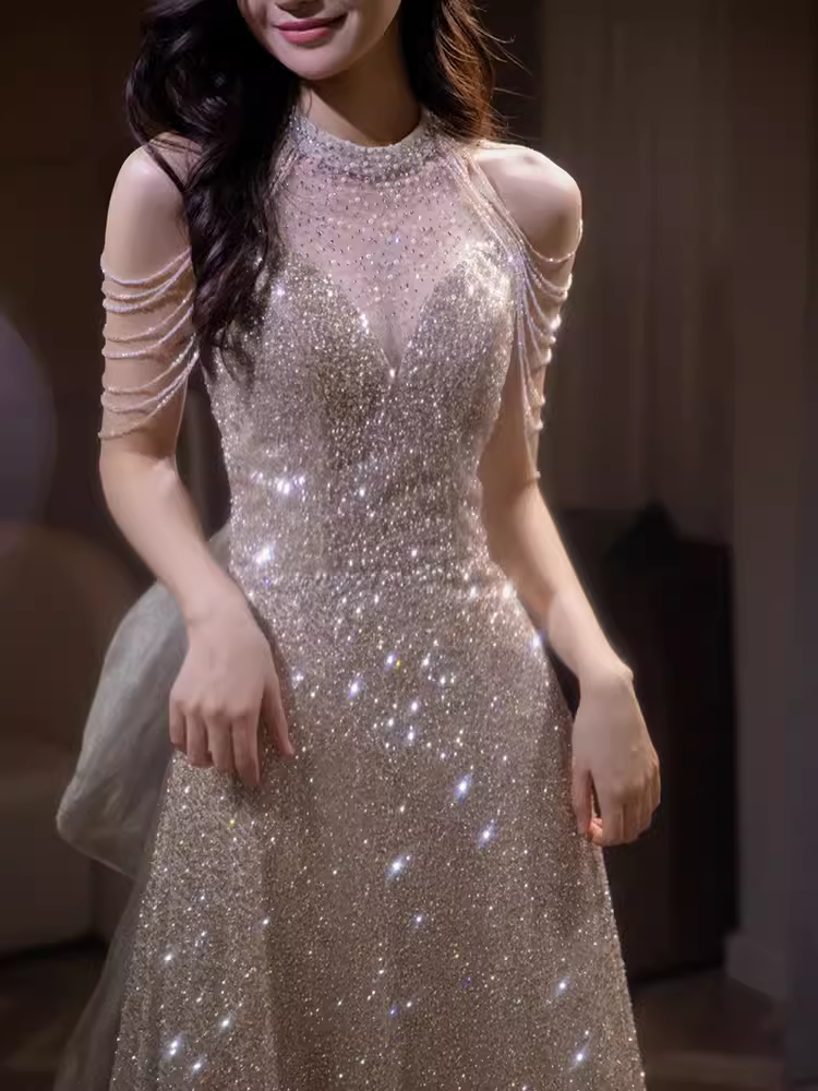 Sexy Mermaid Halter Sequin Champagne Long Prom Dress B418