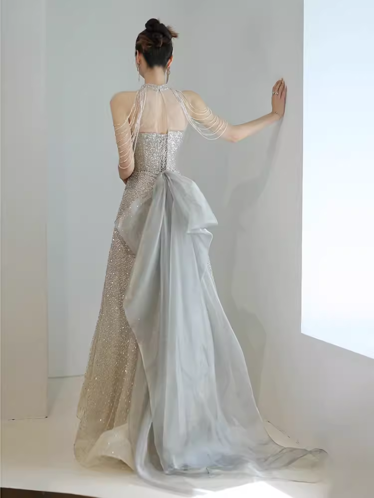 Sexy Mermaid Halter Sequin Champagne Long Prom Dress B418