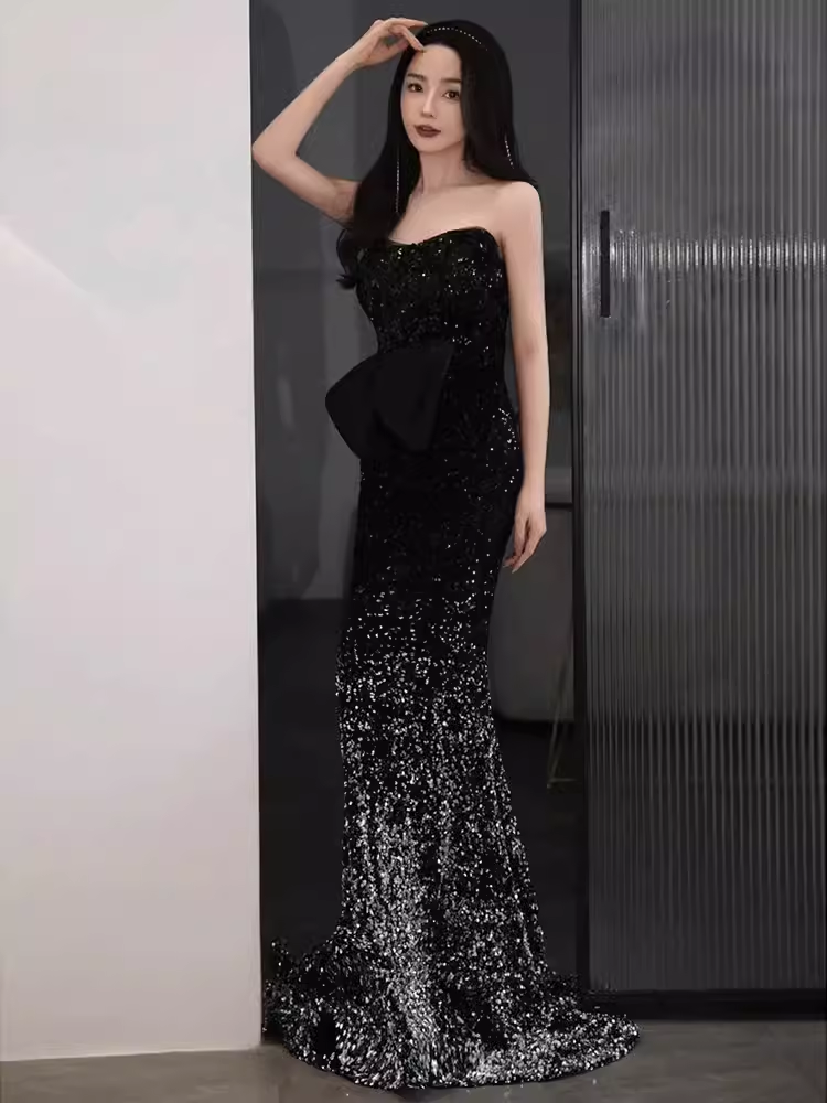 Elegant Mermaid Strapless Black Sequin Long Prom Dress B422 – BlingDress