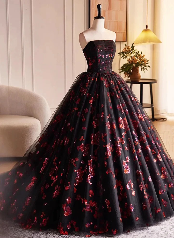 Black and Red Floral Tulle Long Strapless Formal Sweet 16 Dress B647