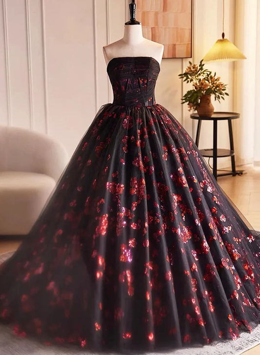 Black and Red Floral Tulle Long Strapless Formal Sweet 16 Dress B647