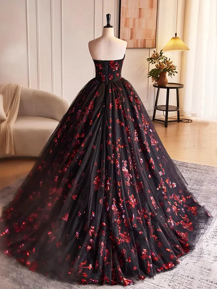 Black and Red Floral Tulle Long Strapless Formal Sweet 16 Dress B647